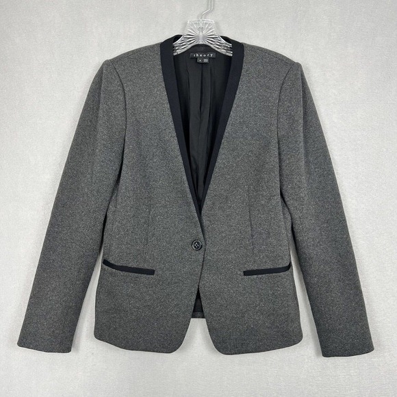 Theory Blazer Jacket Size 8 Gray Black Trim Single Button Workwear Career - Picture 1 of 12